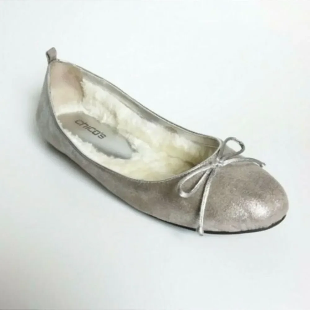 Chico's Glitter Faux Fur Lined Bow Front Flats Silver 9.5